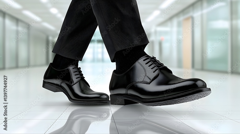 Polished Black Formal Shoes Walking on Reflective Floor in Modern Office Environment