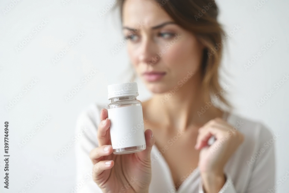 woman holding clear bottle with blank label, looking thoughtfully at it, conveying sense of contemplation and curiosity woman holding clear bottle with blank label, looking thoughtfully at it, conveying sense of contemplation and curiosity
