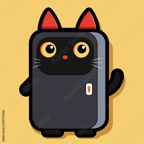 A friendly black cat-shaped robot waves hello, showcasing a cheerful and approachable design with bold colors and simple lines.