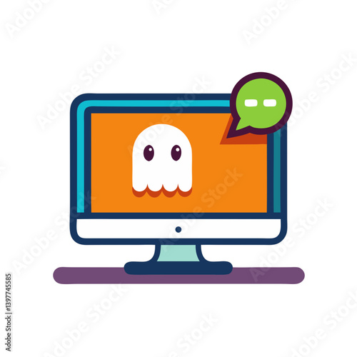 A friendly ghost playfully appearing on a computer screen, prompting a message; vibrant orange background with teal accents.