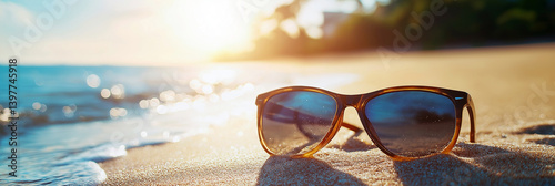 Fashionable sunglasses rest on sandy shores, capturing the essence of leisurely beach life and summer vibes.