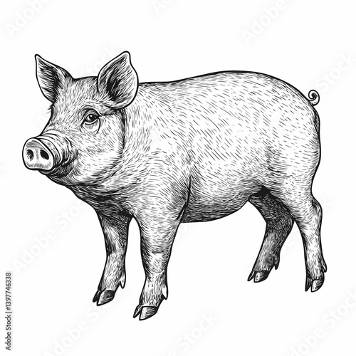 Wallpaper Mural Pig. Vintage engraving, black outline on white background Torontodigital.ca
