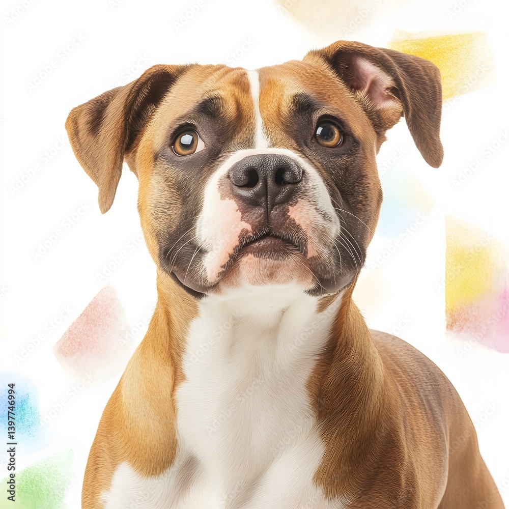 Portrait of a Brown and White Dog with a Confident Expression Against a Colorful Background Portrait of a Brown and White Dog with a Confident Expression Against a Colorful Background
