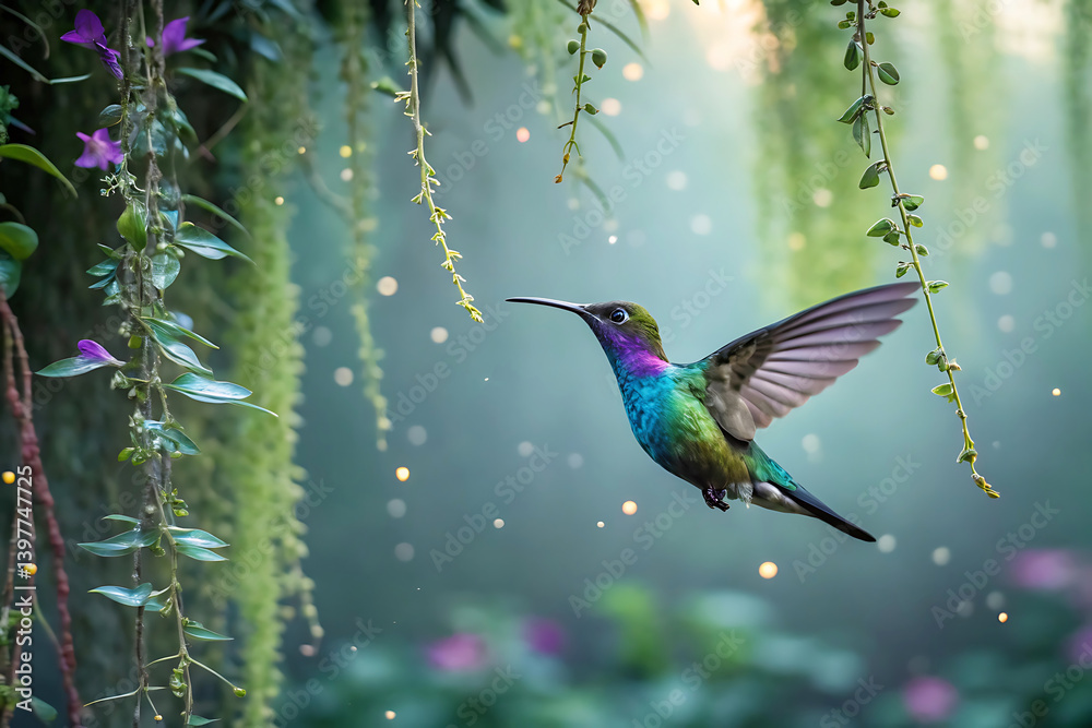 Obraz premium Magical Hummingbird in Flight Over Outstretched Hand – Vibrant Nature Scene with Iridescent Feathers and Whimsical Light
