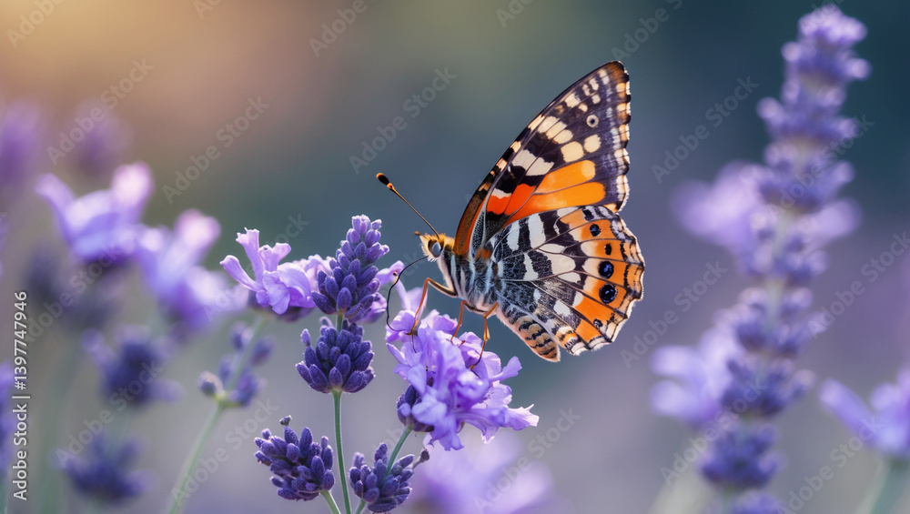 Painted Lady Butterfly Sipping Nectar From Lavender Blossoms In A Serene Floral Scene Painted Lady Butterfly Sipping Nectar From Lavender Blossoms In A Serene Floral Scene