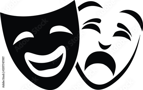 Comedy and Tragedy Masks Icon, Two Theater Masks Black and White Isolated