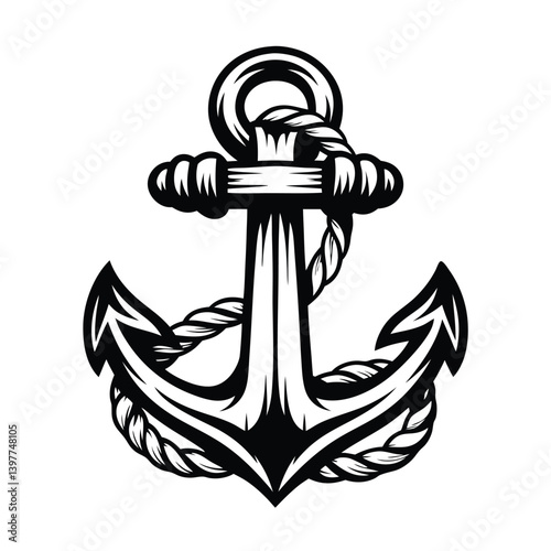 Detailed Black Anchor with Thick Rope | Nautical Icon Symbol | Sea, Marine Element