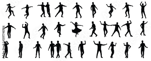 Dynamic Silhouettes: A captivating collection of silhouette figures engaged in various movements and poses, creating a sense of motion and energy. Perfect for illustrating action, activity.