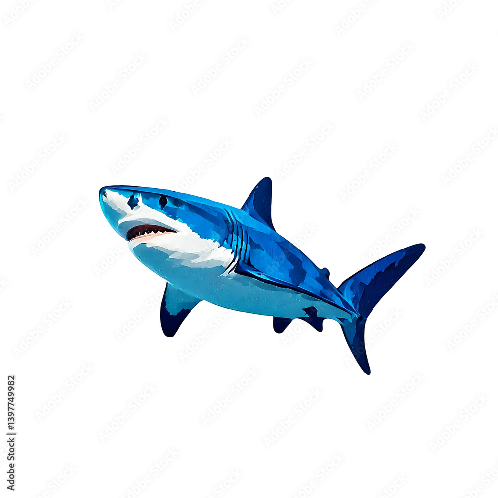 a digitally rendered great white shark swims toward the viewer against a plain white background. a digitally rendered great white shark swims toward the viewer against a plain white background.