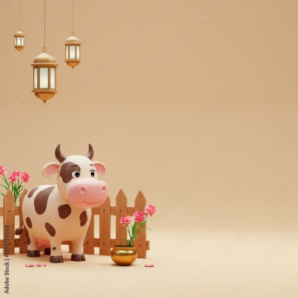 Fototapeta premium Adorable 3D Cow in a Wooden Fence with Pink Flowers and Hanging Lanterns Eid al-Adha Celebration