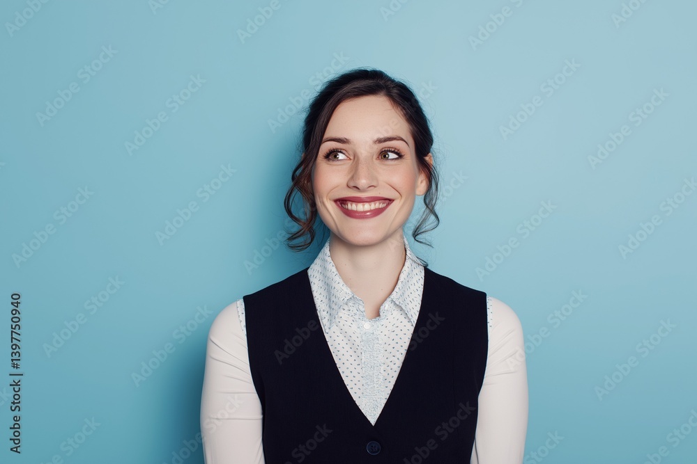  thoughtful portrait of woman with happy expression captured against captivating blue backdrop