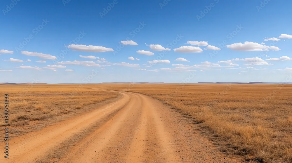 Winding Dirt Road through Dry Grassy Landscape under Blue Sky and White Clouds on a Sunny Day in a Expansive Field Winding Dirt Road through Dry Grassy Landscape under Blue Sky and White Clouds on a Sunny Day in a Expansive Field