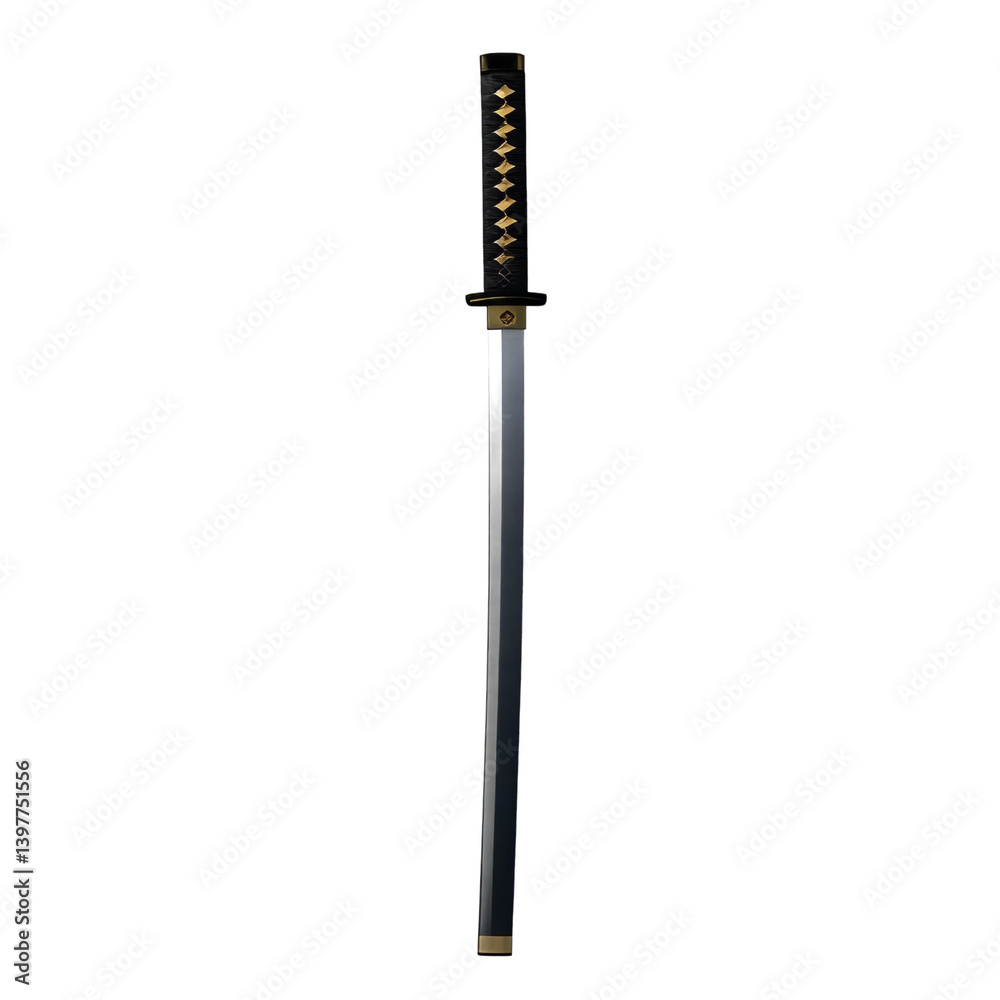 a traditional japanese katana with a dark handle and scabbard is displayed vertically against a light gray background.