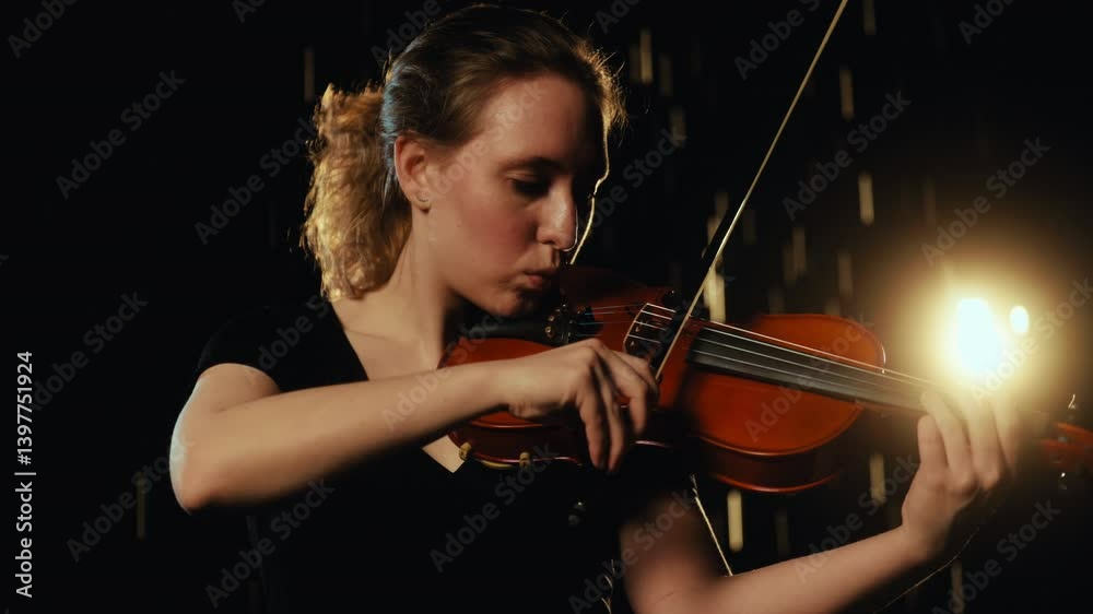 Emotional female musician performing classical melody by violin in night rain. Loneliness and suffering of love, inspiration by dream for talented woman violinist, closeup portrait in mystic darkness