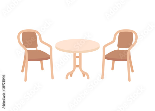 Circle table and two chairs furniture, seats in interior. Office, cafe, restaurant and home kitchen furniture. Interior objects for eating in cartoon flat style. Vector illustration