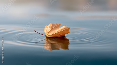 3D Illustration A single leaf floats gently on calm water, creating ripples in serene surroundings. Brand value trust emotion concept.