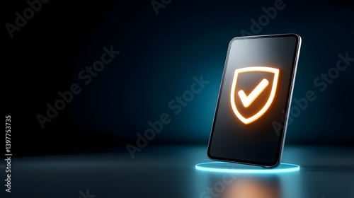 3D Illustration Digital device displaying a secure shield icon, symbolizing protection and cybersecurity. Brand value trust emotion concept.