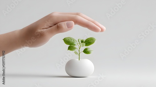 3D Illustration A hand gently protects a small plant growing from a white base, symbolizing care and growth. Brand value trust emotion concept.