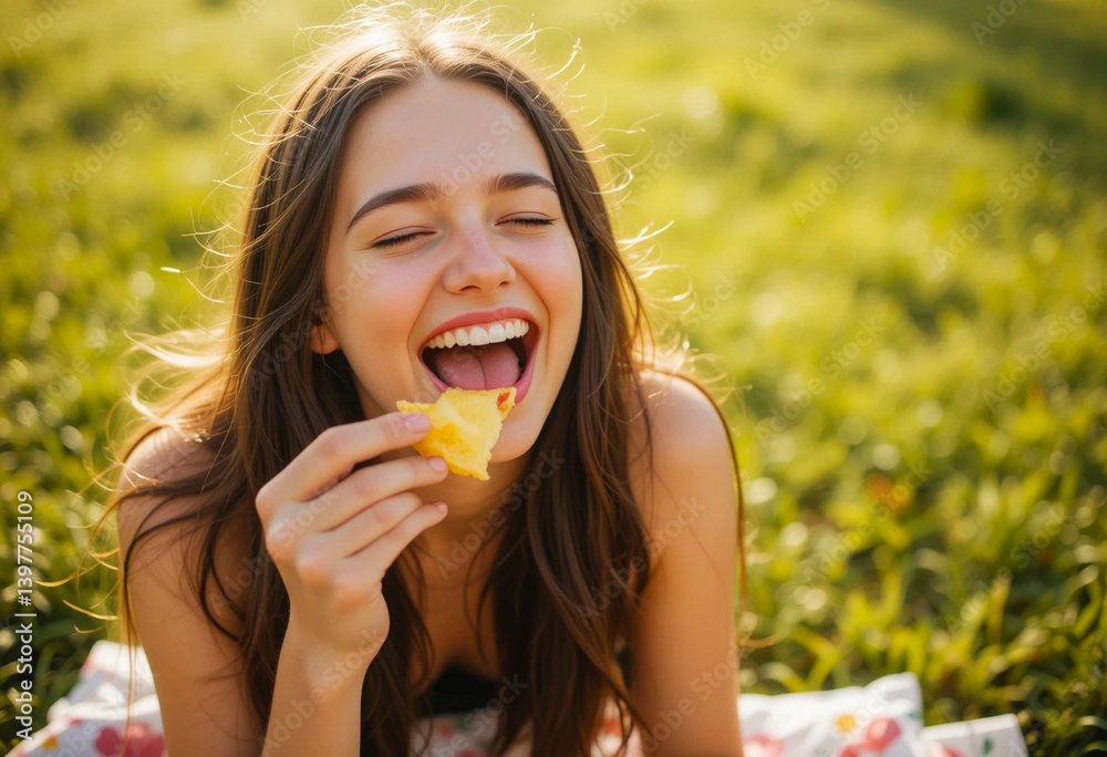 Laughing Young Woman Enjoys Crispy Snack During Sunny Picnic on a Green Meadow Laughing Young Woman Enjoys Crispy Snack During Sunny Picnic on a Green Meadow