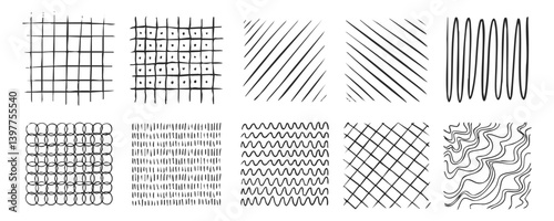 Set of hand drawn scribbles and patterns, ink decorations, ornaments and hatches, freehand drawings. Vector graphic design elements.