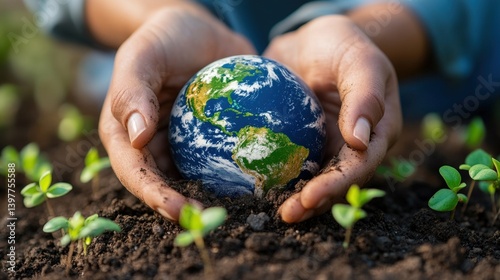 Hands cradle a vibrant blue and green globe nestled in earth, surrounded by tiny plants. A moment of connection with nature