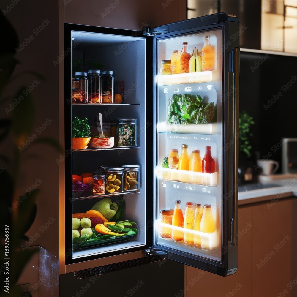Modern refrigerator with fresh food and beverages illuminated inside Modern refrigerator with fresh food and beverages illuminated inside