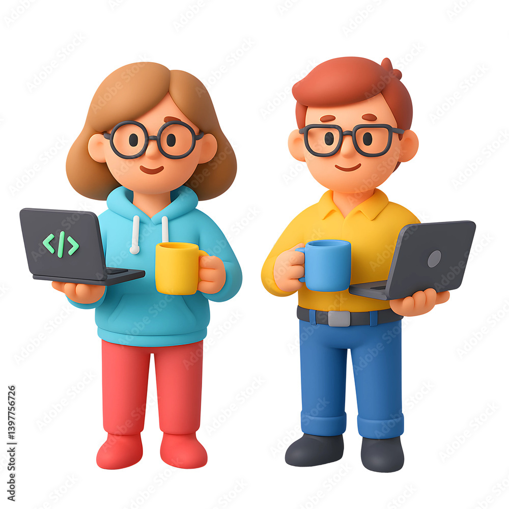 Creative 3D icons of a software developer and an office worker enjoying their digital workspace with laptops and coffee cups Creative 3D icons of a software developer and an office worker enjoying their digital workspace with laptops and coffee cups