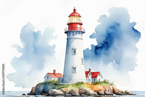 Watercolor illustration of a white lighthouse on the rocks near the sea on a white background.