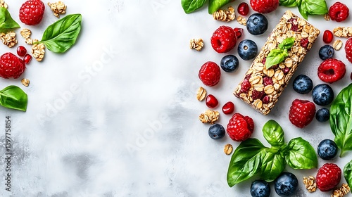 A healthy granola bar surrounded by fresh raspberries, blueberries, and pomegranate seeds.