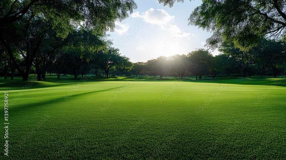 Obraz premium A serene golf course bathed in sunlight, featuring lush green grass and trees, creating a peaceful outdoor atmosphere.