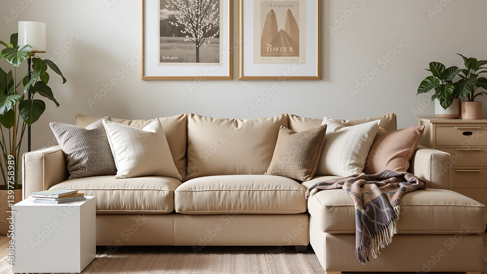 Fototapeta premium The living room presents a harmonious blend of textures and warm neutrals, fostering an inviting atmosphere