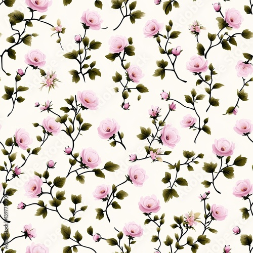 This delightful floral design showcases cute pink and green flowers on a soft cream background, embodying a vintage cottagecore style SEAMLESS PATTERN