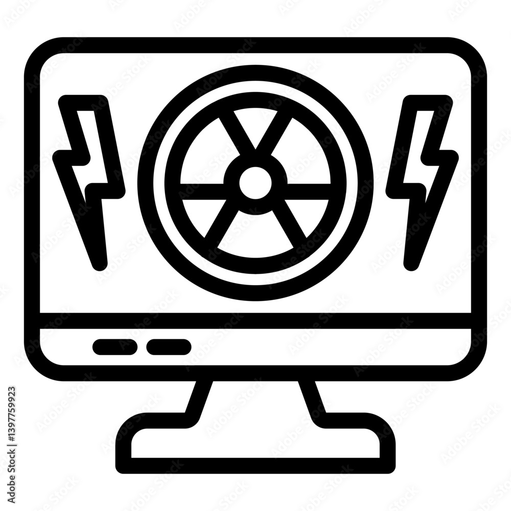 Monitor screen and radiation seal line icon, atomic energy concept. Vector graphics. Display, radioactive and lightning sign on white background, style mobile or design. Monitor screen and radiation seal line icon, atomic energy concept. Vector graphics. Display, radioactive and lightning sign on white background, style mobile or design.