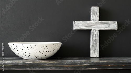 A white speckled bowl and a distressed wooden cross on a dark shelf.
