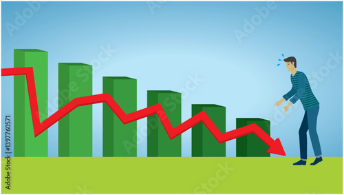 Man in hopelessness when value is going down. Economic crash. Dimension 16:9. Vector illustration.
