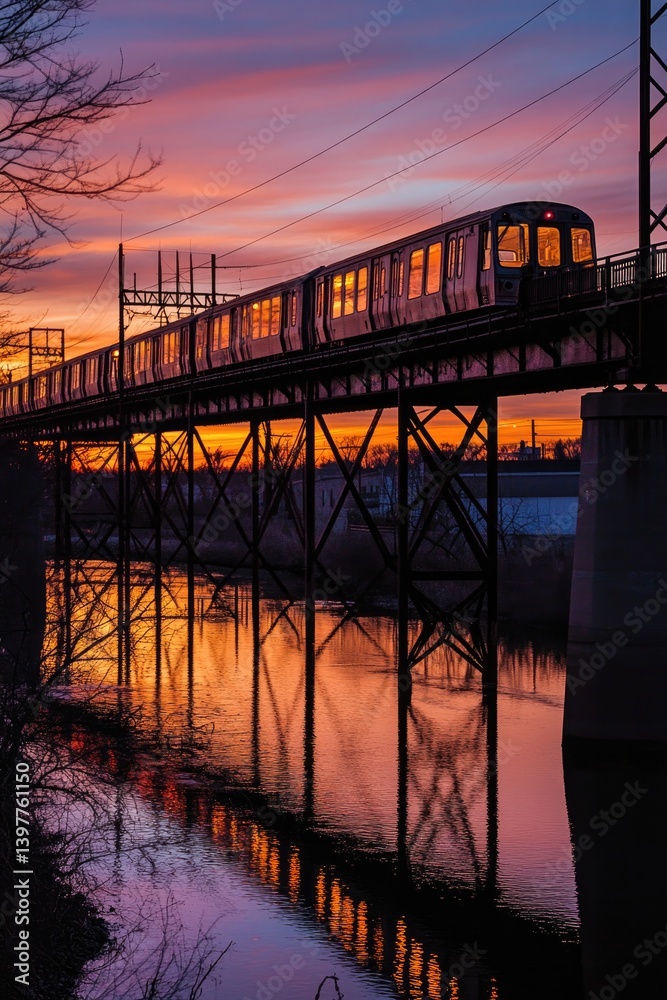 Train gliding over bridge at sunset, reflecting vibrant colors i Train gliding over bridge at sunset, reflecting vibrant colors i