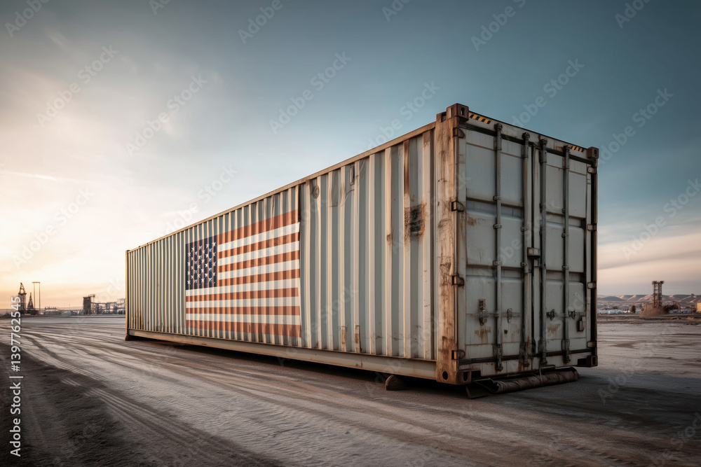 Fototapeta premium Vintage freight container with American flag in a dry landscape, symbolizing trade isolation or sanctions.