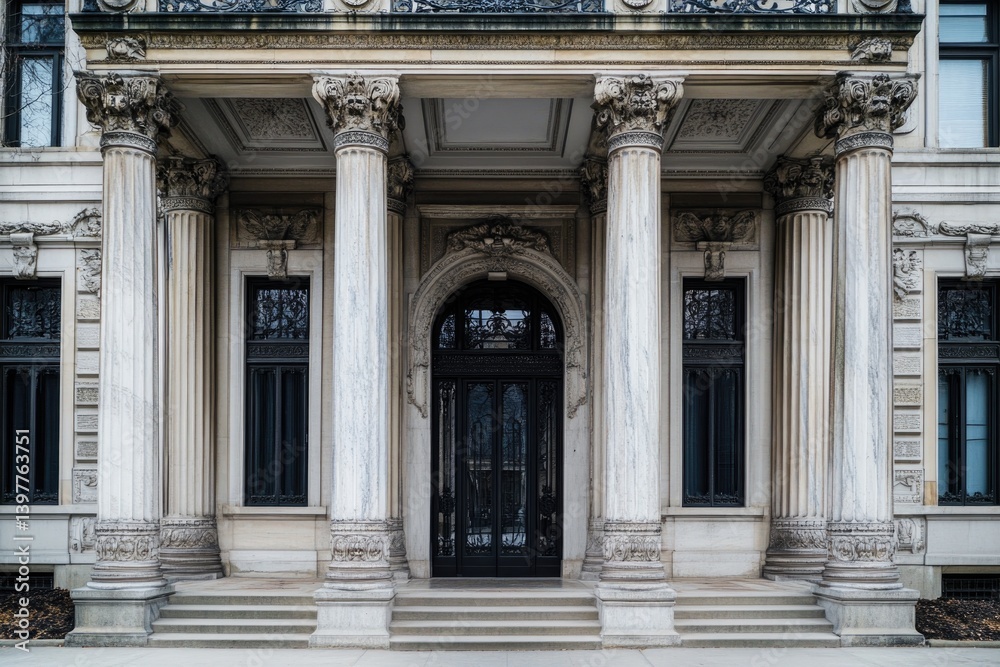 Obraz premium Elegant entrance featuring grand columns and intricate details,