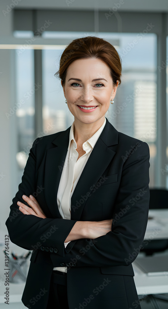 Smiling confident businesswoman with arms crossed, standing in a modern office setting. Portrait representing female leadership, success, and professionalism in corporate business. Smiling confident businesswoman with arms crossed, standing in a modern office setting. Portrait representing female leadership, success, and professionalism in corporate business.