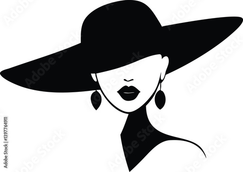 Elegant Woman in Hat Silhouette With Earrings on Transparent Background