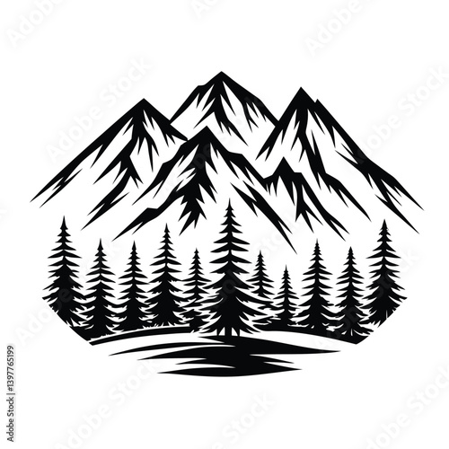 High Mountains and Evergreen Trees Silhouette Monochrome Nature Scenery