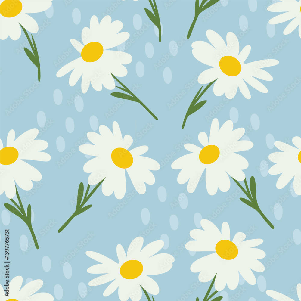 Obraz premium White daisies on blue background Seamless pattern background ideal for wrapping paper, fabric, textile etc.