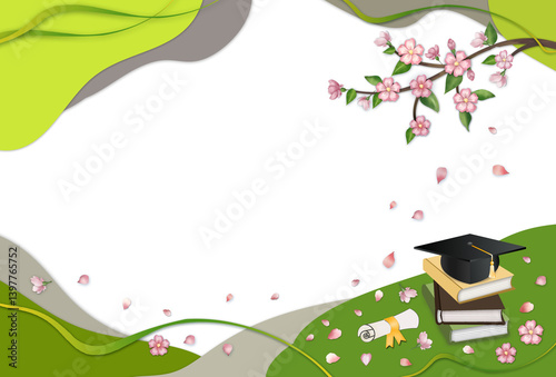  Horizontal framework education powerpoint background for presentation with cherry blossom branch, stack of books ,grad cap,diploma . Free copy space.