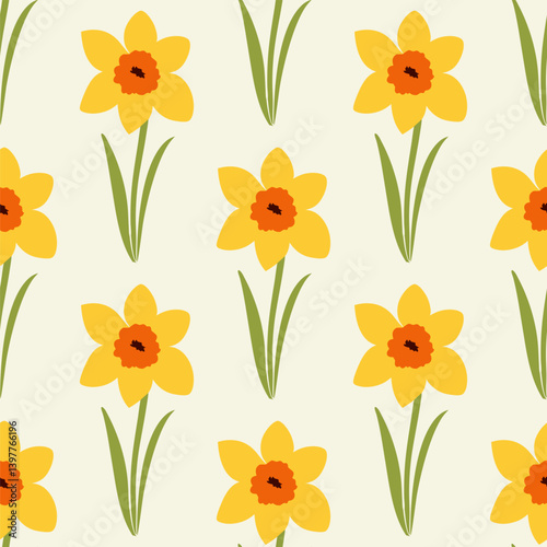 Yellow daffodils on cream Seamless pattern background ideal for wrapping paper, fabric, textile etc.