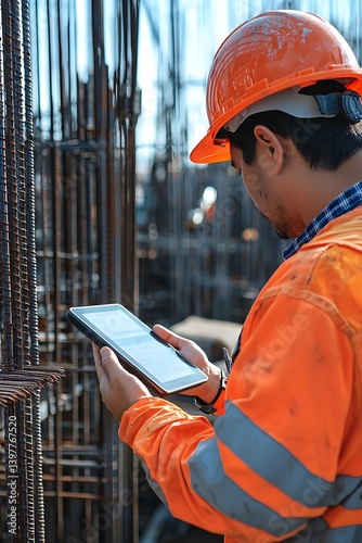 Construction worker using a tablet on-site, wearing an orange hard hat and safety gear, overseeing project progress amidst steel rebar structures