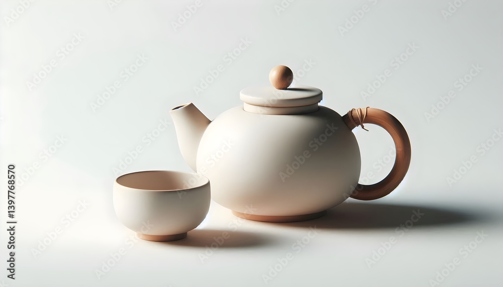 Blank ceramic teapot with wooden handle and matching teacup in a clean modern setting on white background Blank ceramic teapot with wooden handle and matching teacup in a clean modern setting on white background