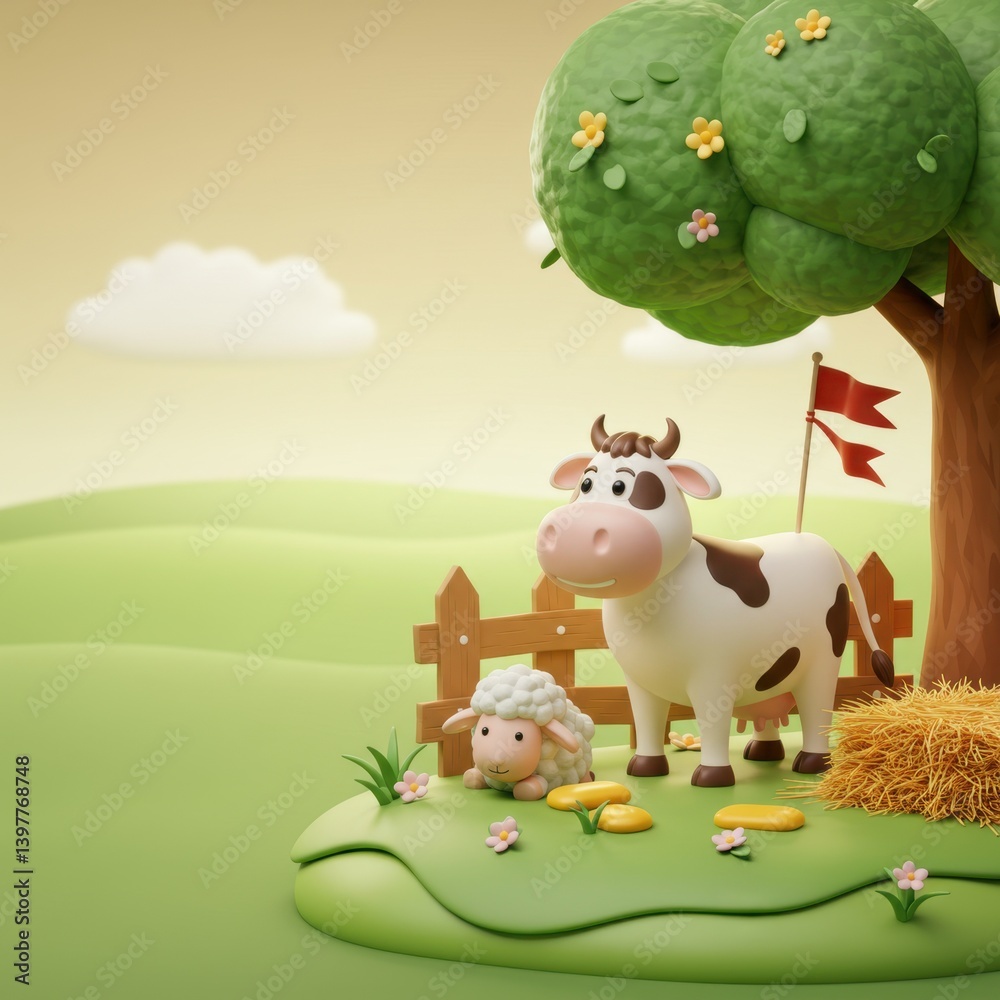 Fototapeta premium Adorable 3D Render of a Cow and Lamb in a Peaceful Farmland Setting under a Lush Green Tree