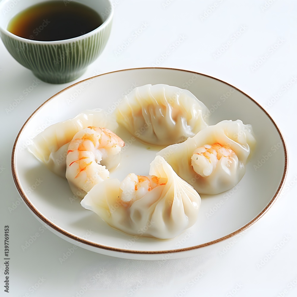 Crystal-clear dumplings filled with juicy shrimp, served with a side of soy sauce and a cup of hot green tea, isolated on plain white background. Crystal-clear dumplings filled with juicy shrimp, served with a side of soy sauce and a cup of hot green tea, isolated on plain white background.