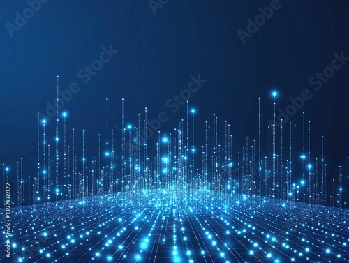 Blue grid background with glowing dots illustrating digital connections and data flow, symbolizing technology innovation. Ideal for web banners or posters