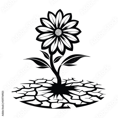 Isolated Daisy Flower Growing on Cracked Ground Black and White Design